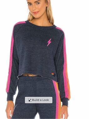 Aviator Nation Navy cropped with Yellow Logo and Neon Stitching size Small